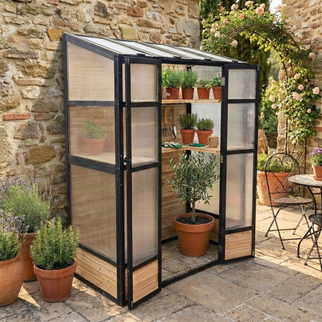 Invernadero de balcón de madera y policarbonato de 3 mm con estantes y techo abatible - Arbour