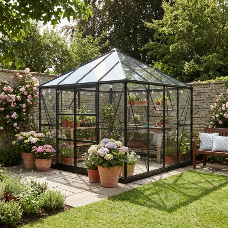 Invernadero de jardín Duchesse cuadrado 8,18m² en aluminio lacado negro y cristal templado de 4mm - Green Protect